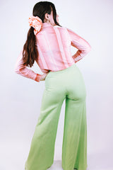 high waisted linen green pants with big flare women's vintage 1960's