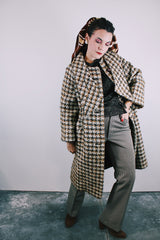 3/4 arm length brown and cream plaid wool long length button up coat vintage women's 1960's