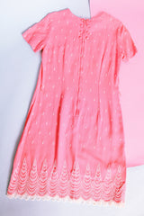 short sleeve cotton blend vintage 1960's shift dress in pink with white embroidery 