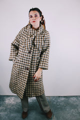 3/4 arm length brown and cream plaid wool long length button up coat vintage women's 1960's