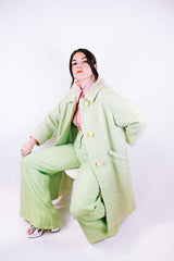long length long sleeve green wool coat with three button closure and collar vintage 1960's