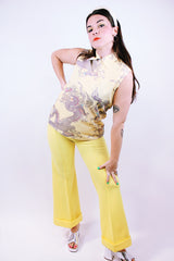 sleeveless yellow half zip blouse with grey dragon print 1970's vintage women's