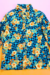 long sleeve button up blouse with collar in blue orange and yellow floral print vintage 1970's