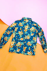 long sleeve button up blouse with collar in blue orange and yellow floral print vintage 1970's