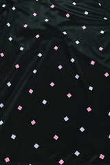 short sleeve black polyester half button shirt with collar with blue and pink square print