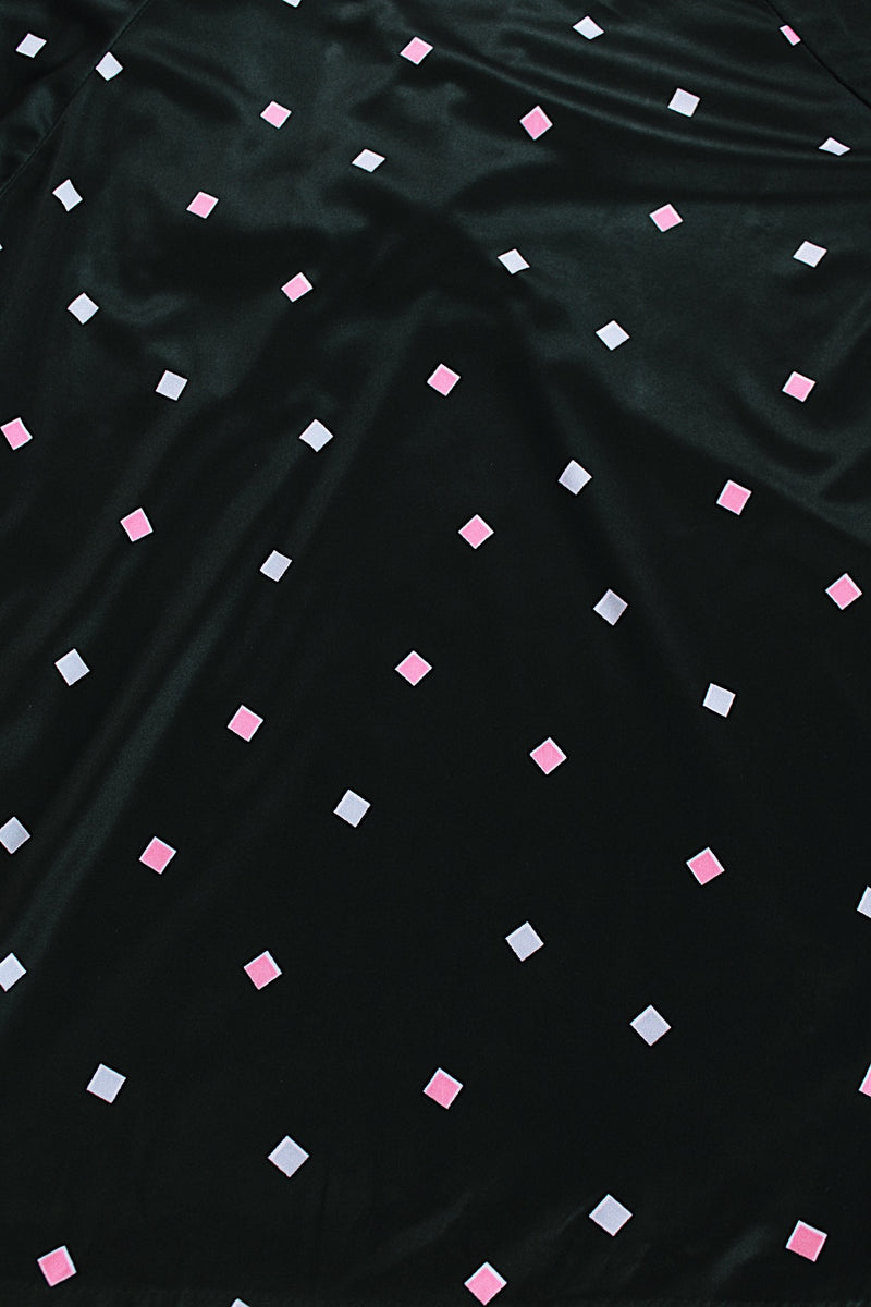 short sleeve black polyester half button shirt with collar with blue and pink square print