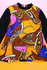 long sleeve printed polyester blouse vintage women's 1960's brown orange black abstract print