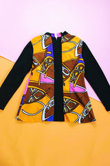 long sleeve printed polyester blouse vintage women's 1960's brown orange black abstract print