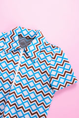 short sleeve zig zag print top with half zip front and collar brown white blue polyester women's vintage 1970's