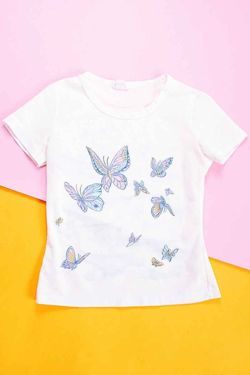 short sleeve white polyester tee top with butterfly and clouds graphic vintage women's 1970's