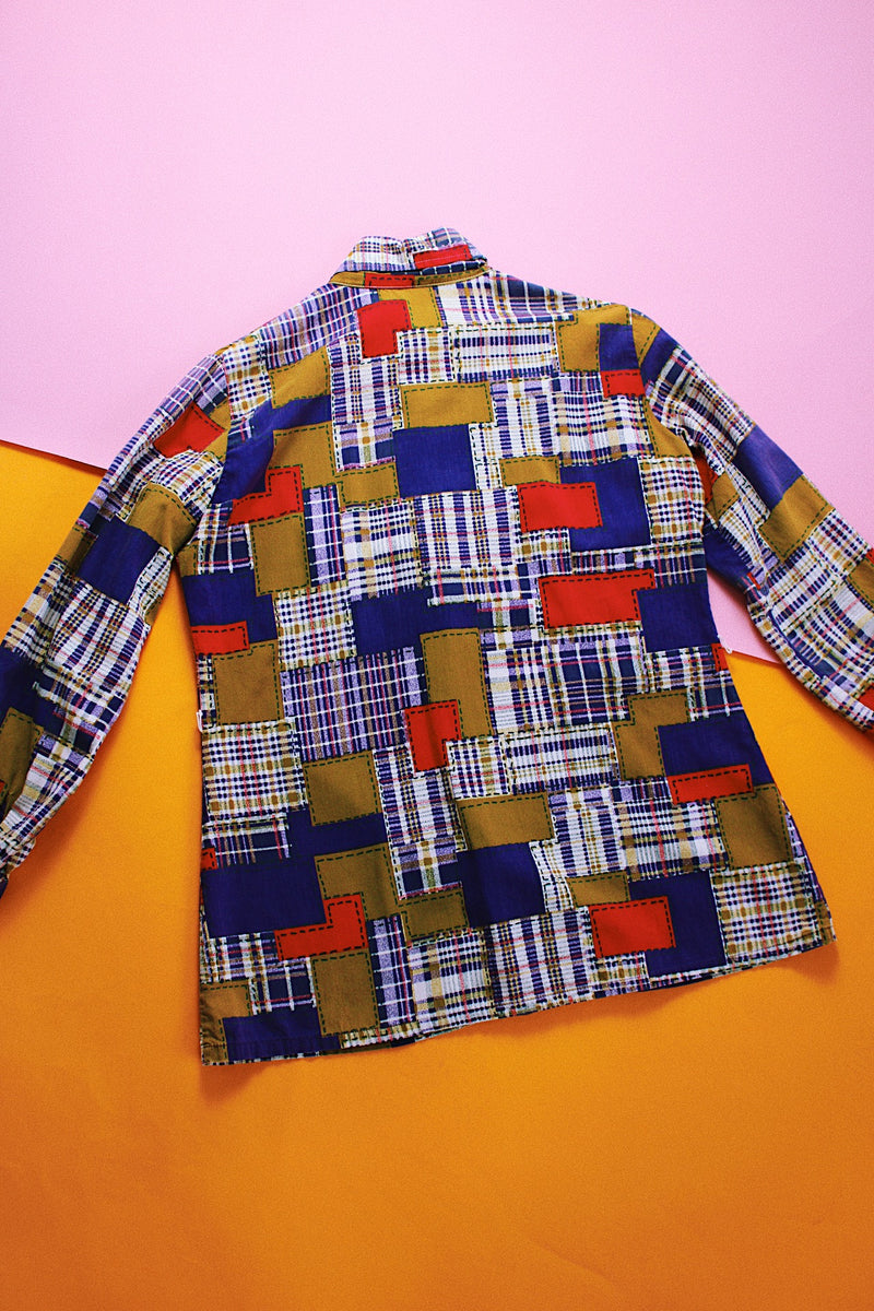 long sleeve button up collared blouse in a multicolored patchwork print women's vintage 1970's cotton