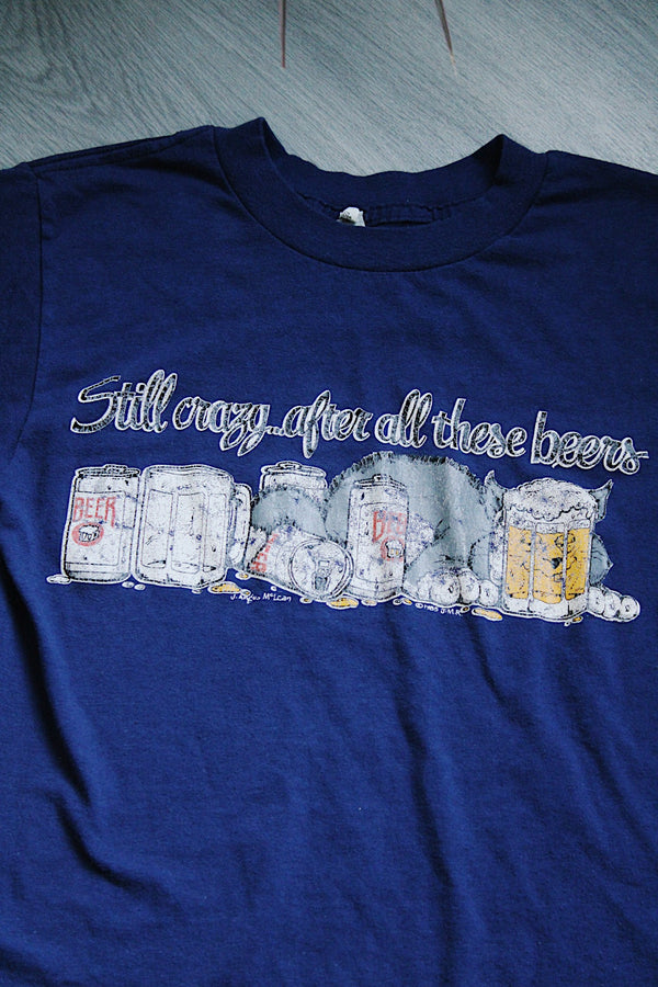 short sleeve navy blue graphic tee 1985