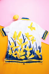 short sleeve zip up blouse with collar white with navy and yellow butterfly print vintage 1970's women's