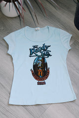 short sleeve baby blue graphic tee women's vintage 1980's