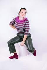 3/4 arm length striped sweater in purple and grey with faux fur purple neckline
