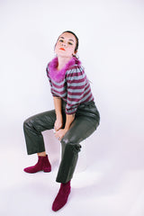3/4 arm length striped sweater in purple and grey with faux fur purple neckline