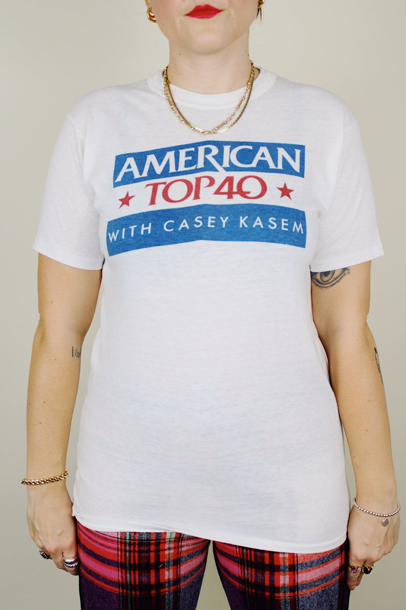 short sleeve white American top 40 1980's graphic tee 