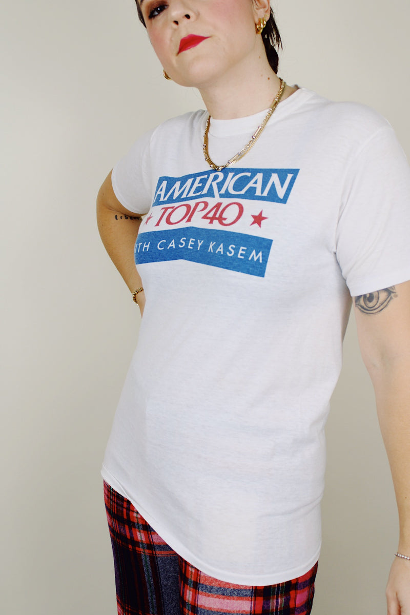 short sleeve white American top 40 1980's graphic tee 