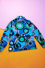 long sleeve blue and purple psychedelic print 1970's vintage women's half button blouse with collar
