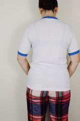 short sleeve white graphic ringer tee from 1983 blue trim vintage