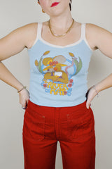 spaghetti strap cotton tank top in baby blue with ms. river rat graphic vintage 1972