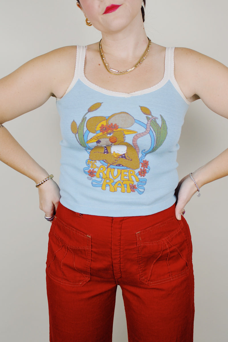 spaghetti strap cotton tank top in baby blue with ms. river rat graphic vintage 1972