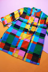 3/4 arm length short tunic dress or long shirt in cotton material and rainbow colored block print vintage 1970's