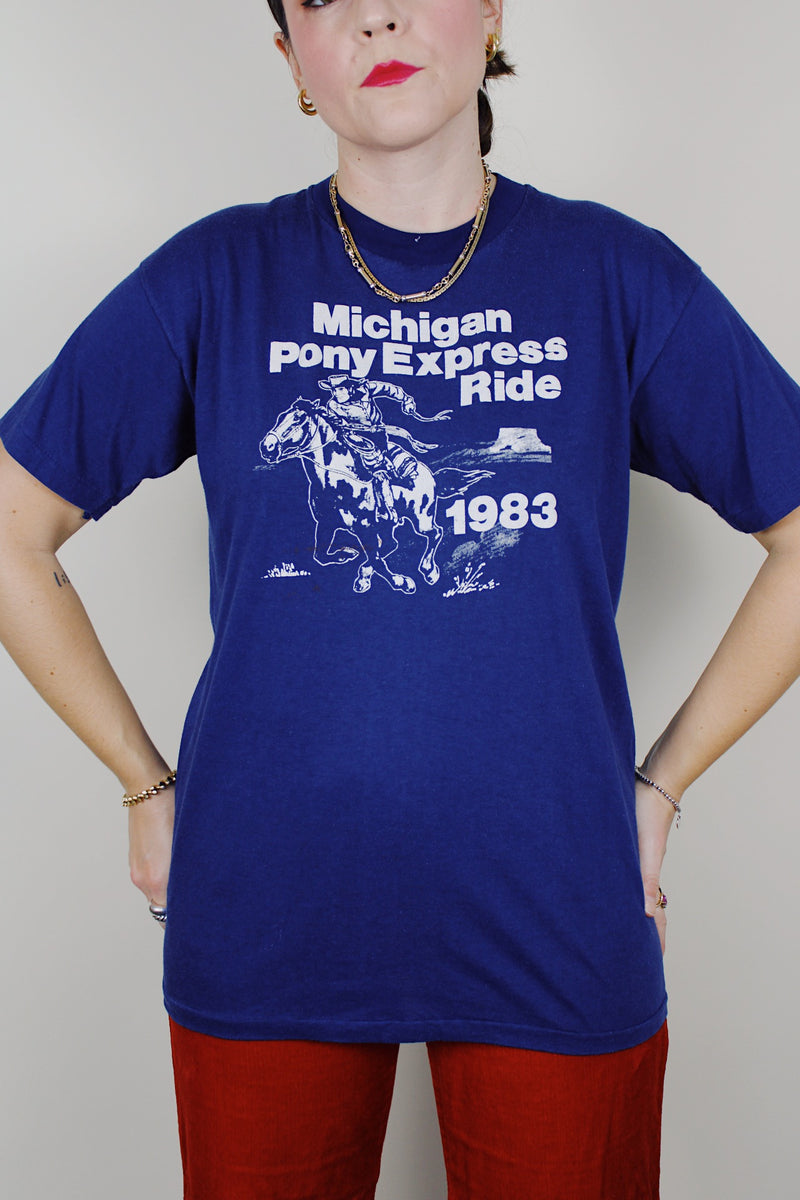 short sleeve navy graphic tee 1983 with cowboy
