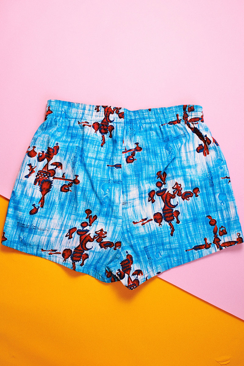 blue and red hawaiian printed vintage 1950's swim trunk shorts in cotton 