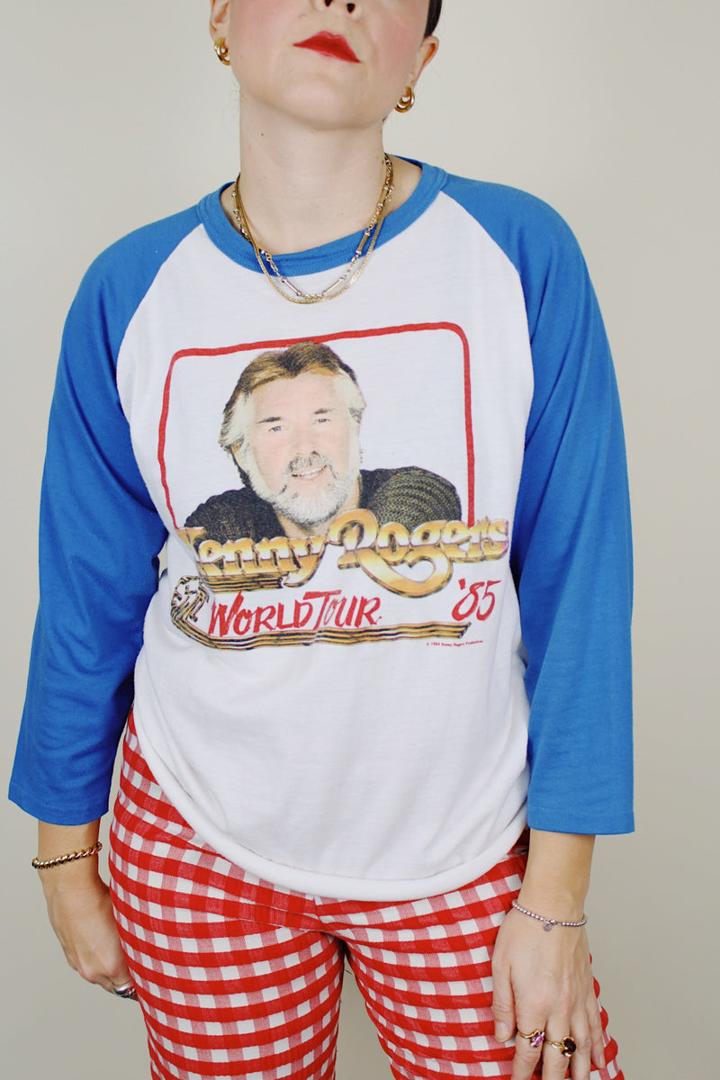 blue and white long sleeve baseball tee from 1985 Kenny Rogers world tour