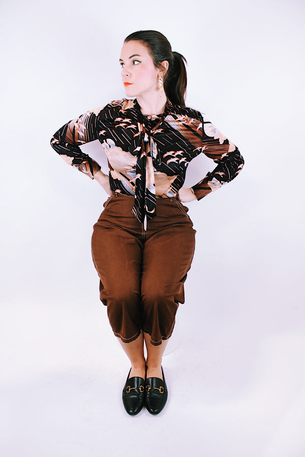 long sleeve button up blouse with tie neck 1970's vintage brown with bird print