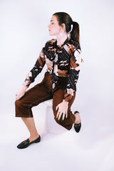 long sleeve button up blouse with tie neck 1970's vintage brown with bird print
