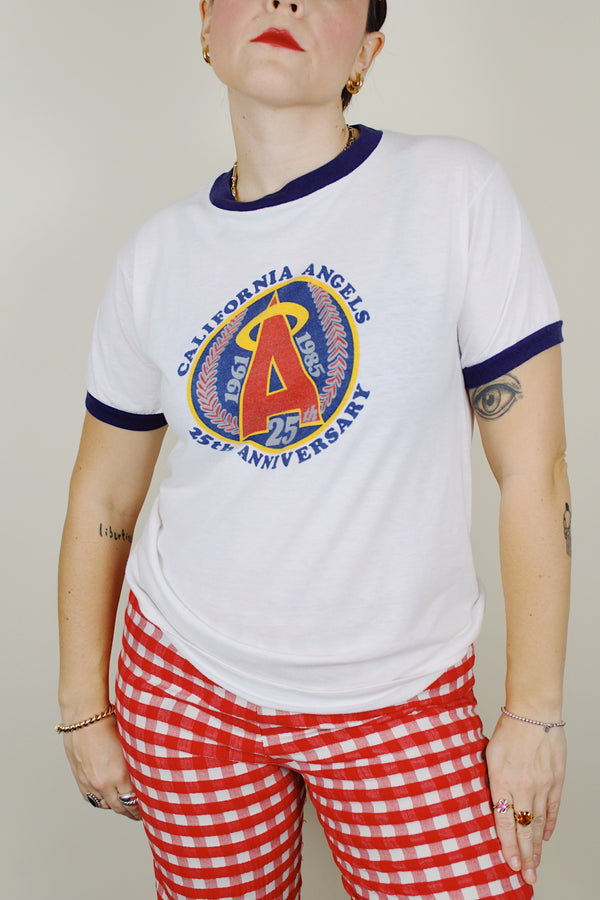 short sleeve white tee with navy trim california angels 1985