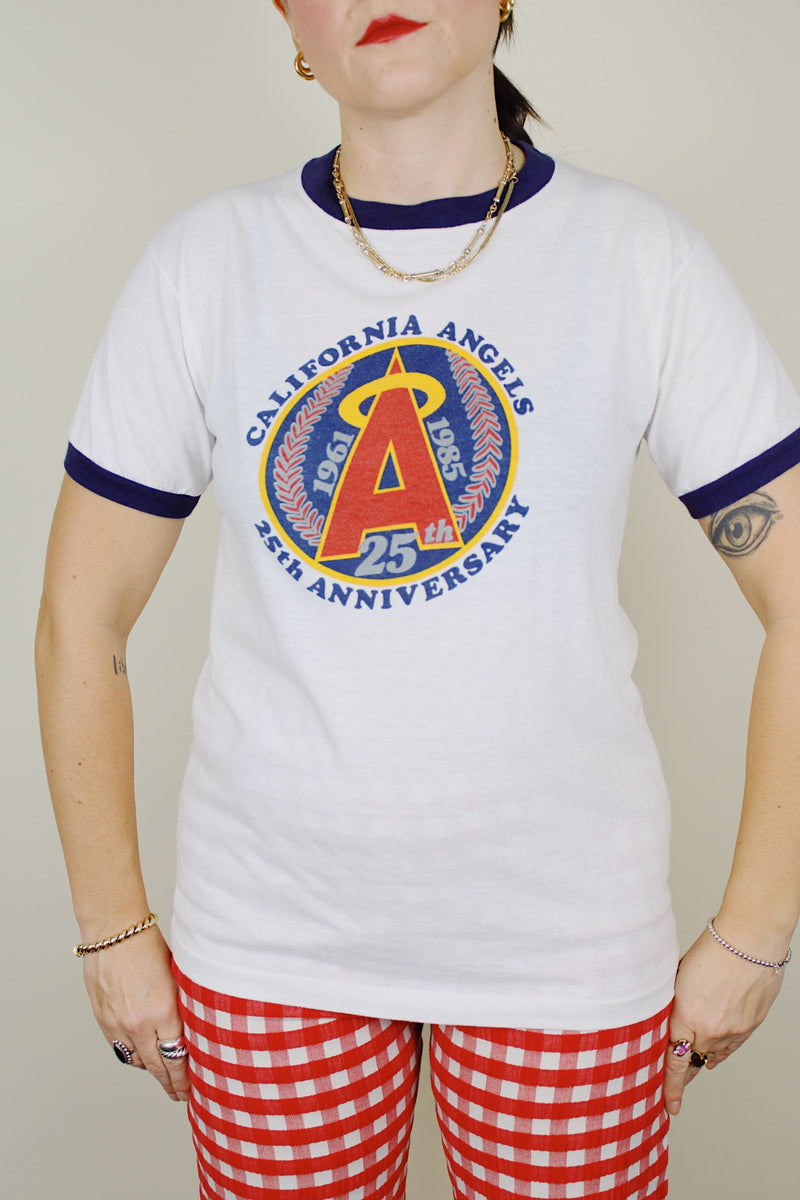 short sleeve white tee with navy trim california angels 1985