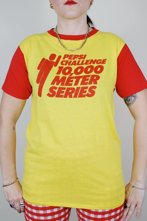 short sleeve yellow and red cotton poly blend vintage graphic tee 1980's