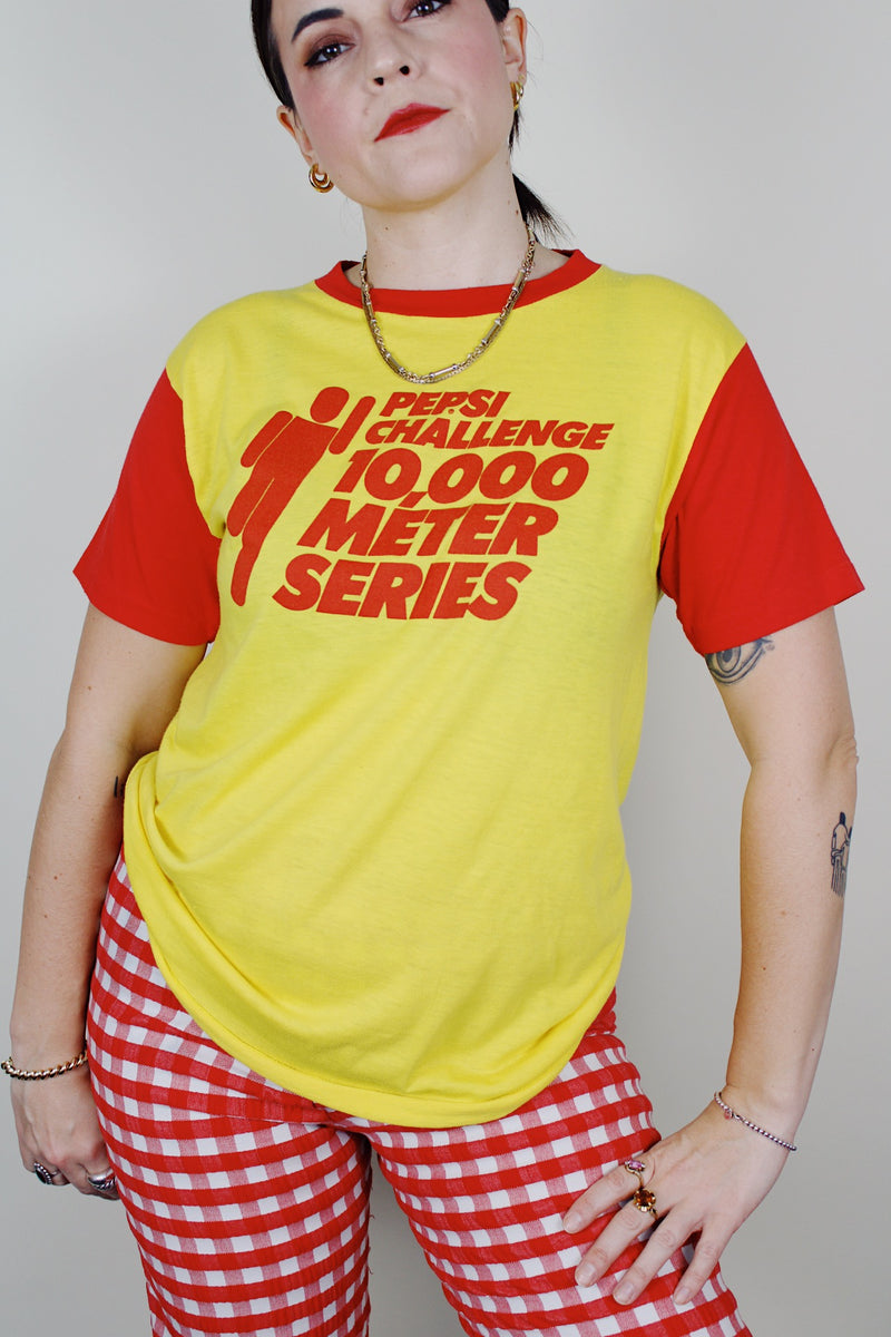 short sleeve yellow and red cotton poly blend vintage graphic tee 1980's