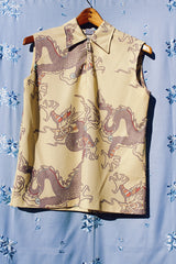 sleeveless yellow half zip blouse with grey dragon print 1970's vintage women's