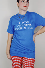 short sleeve cobalt blue vintage tee with the text i love old time rock n roll