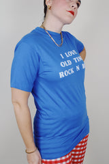 short sleeve cobalt blue vintage tee with the text i love old time rock n roll