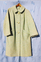 long length long sleeve green wool coat with three button closure and collar vintage 1960's