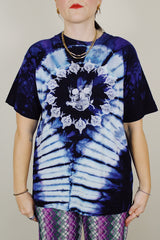 purple and navy tie dye short sleeve t-shirt with skull and skeleton graphics on the front and back 1990's