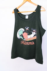 sleeveless oversized black tank top t-shirt with Hamm's on the front and bear surfing 1980's vintage