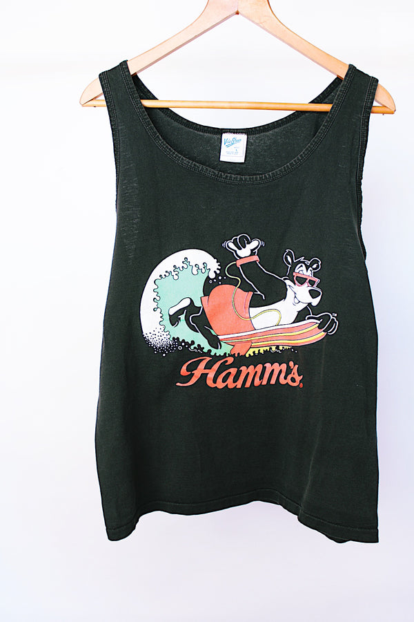 sleeveless oversized black tank top t-shirt with Hamm's on the front and bear surfing 1980's vintage