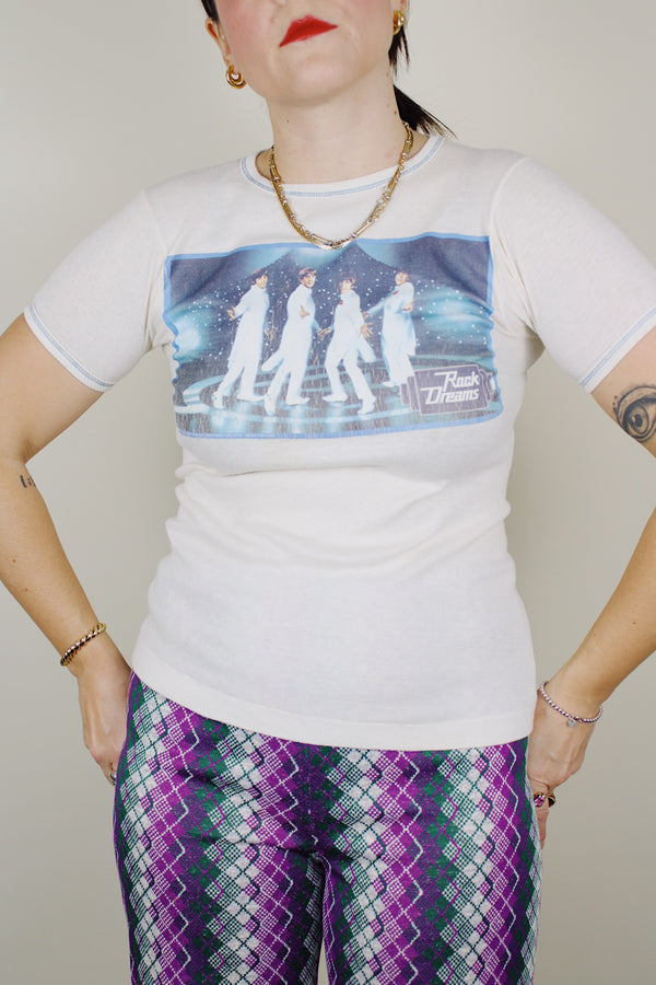 short sleeve off white Rock Dreams t-shirt with image of The Beatles 1975