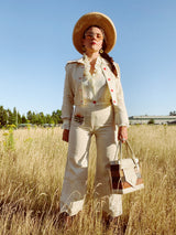cream colored linen matching pants and jacket set vintage women's 1970's
