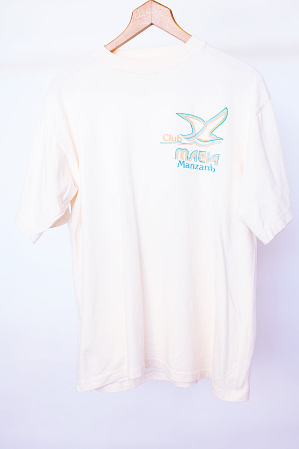 short sleeve cream white t-shirt with graphic on left chest vintage 1980's