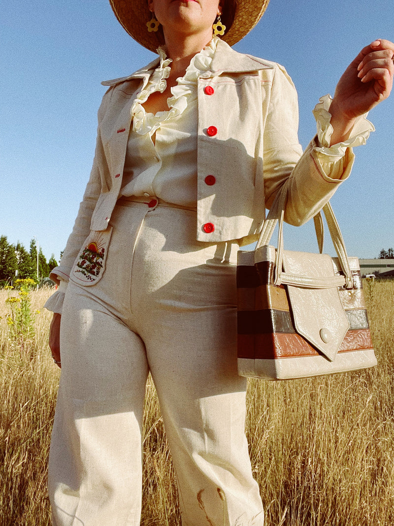 faux leather cream and brown striped handbag vintage 1970's