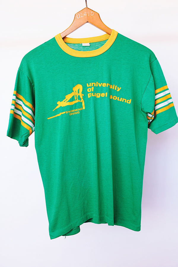 short sleeve green vintage 1970's t-shirt with yellow and white trim 