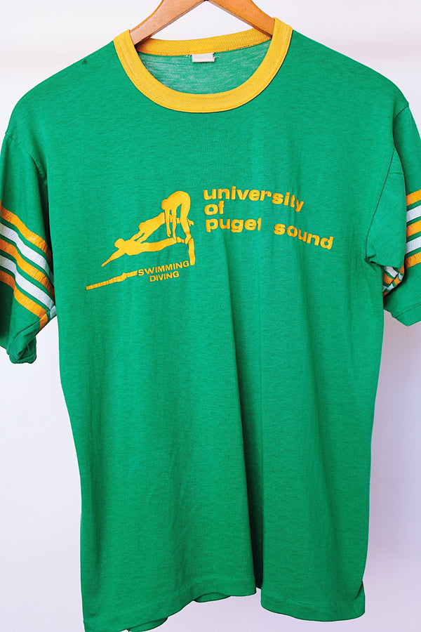 short sleeve green vintage 1970's t-shirt with yellow and white trim 