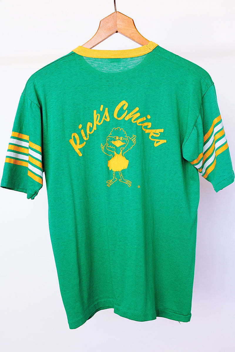 short sleeve green vintage 1970's t-shirt with yellow and white trim 